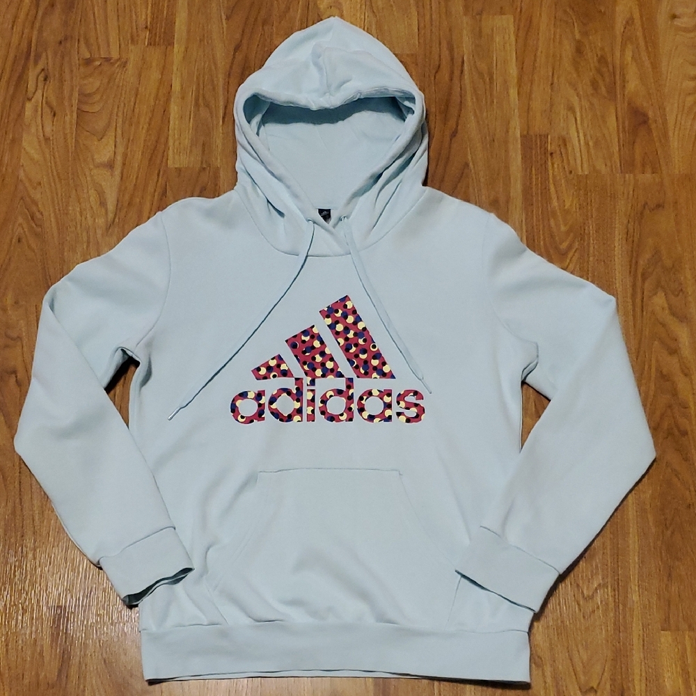 Adidas Aqua Blue Hoodie with Geometric Logo Polka Dot Womens Size M